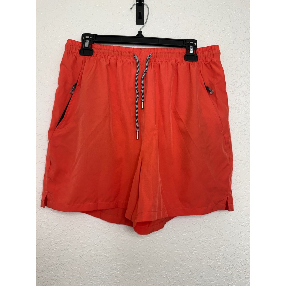 Sports Mens Orange Athletic Performance Shorts L Zipper Pockets Drawstring Gym